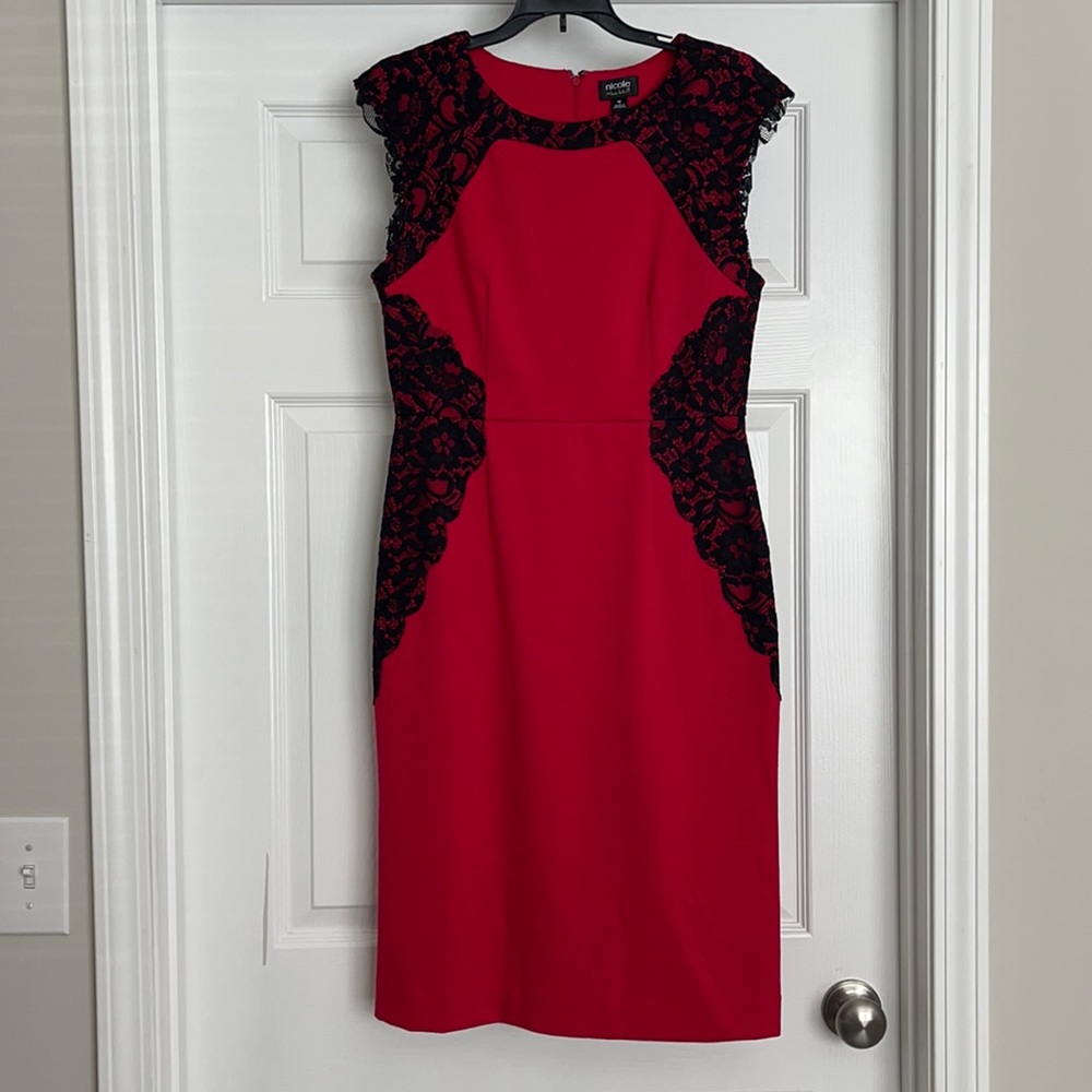 Red Evening Dress with Black Lace